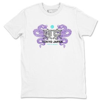 Tokyo Dragons sneaker match t-shirt styled to complete your fit with the Air Jordan 5 Grape sneakers, shown in White 2.