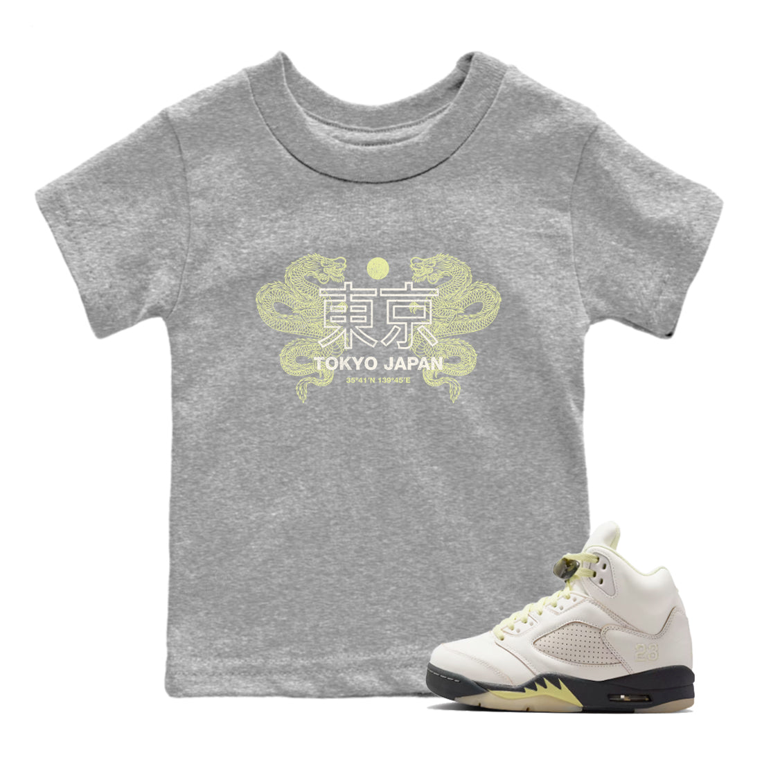 Sneaker match tees – Sneaker Tees To Match Air Jordan 5 Luminous Green Shoes – Tokyo Dragons Kids T-Shirt Heather Grey 1