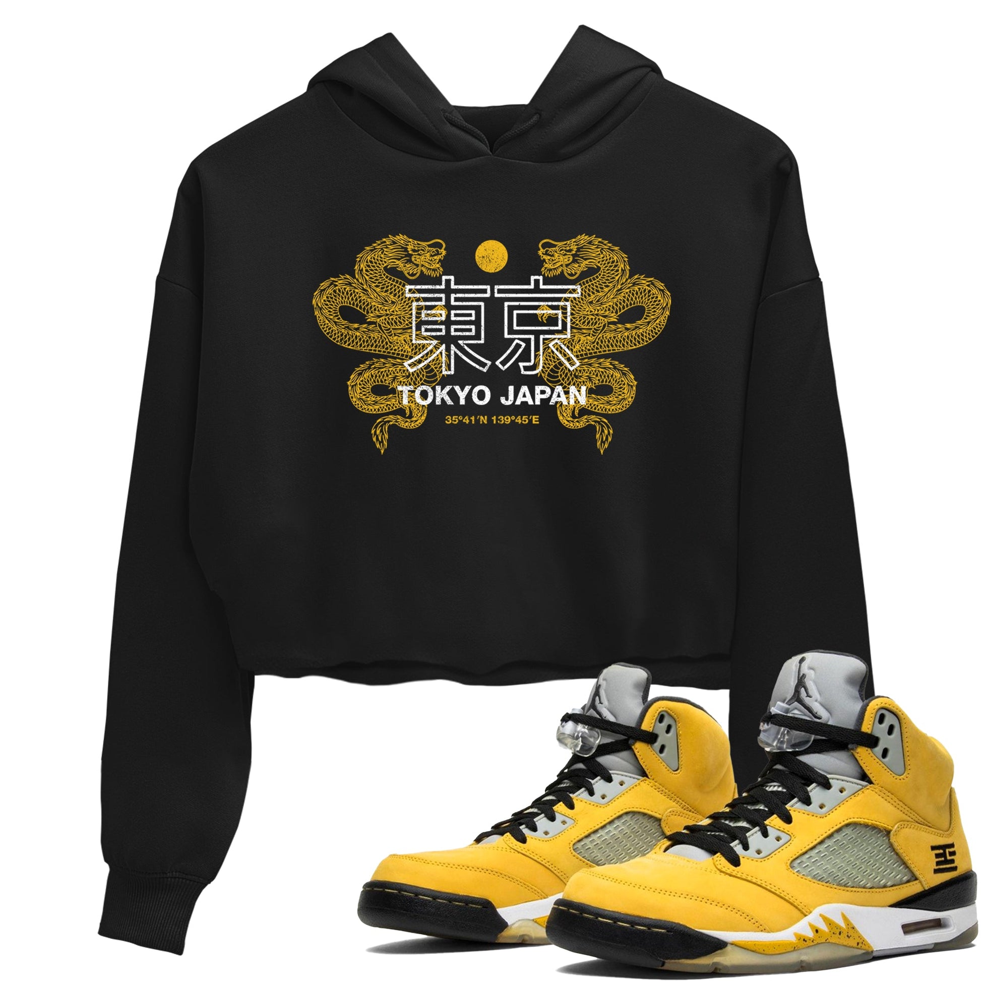Tokyo Dragons womens crop tee made to vibe with the Air Jordan 5 Tokyo sneakers — the perfect match in Black 1.