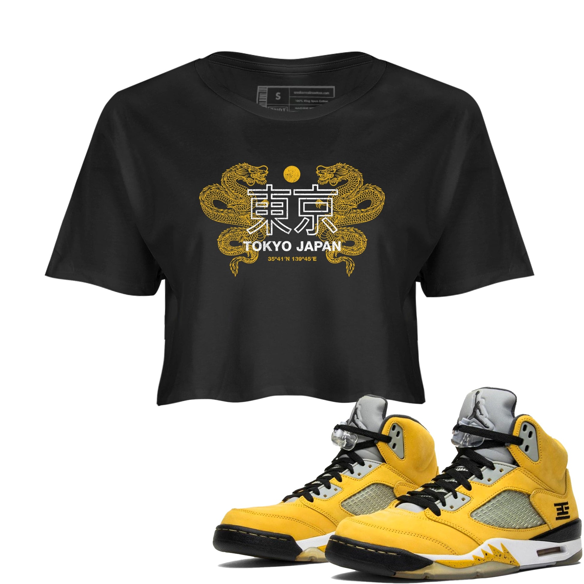 Tokyo Dragons womens crop tee made to vibe with the Air Jordan 5 Tokyo sneakers — the perfect match in Black 1.
