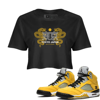 Tokyo Dragons womens crop tee made to vibe with the Air Jordan 5 Tokyo sneakers — the perfect match in Black 1.