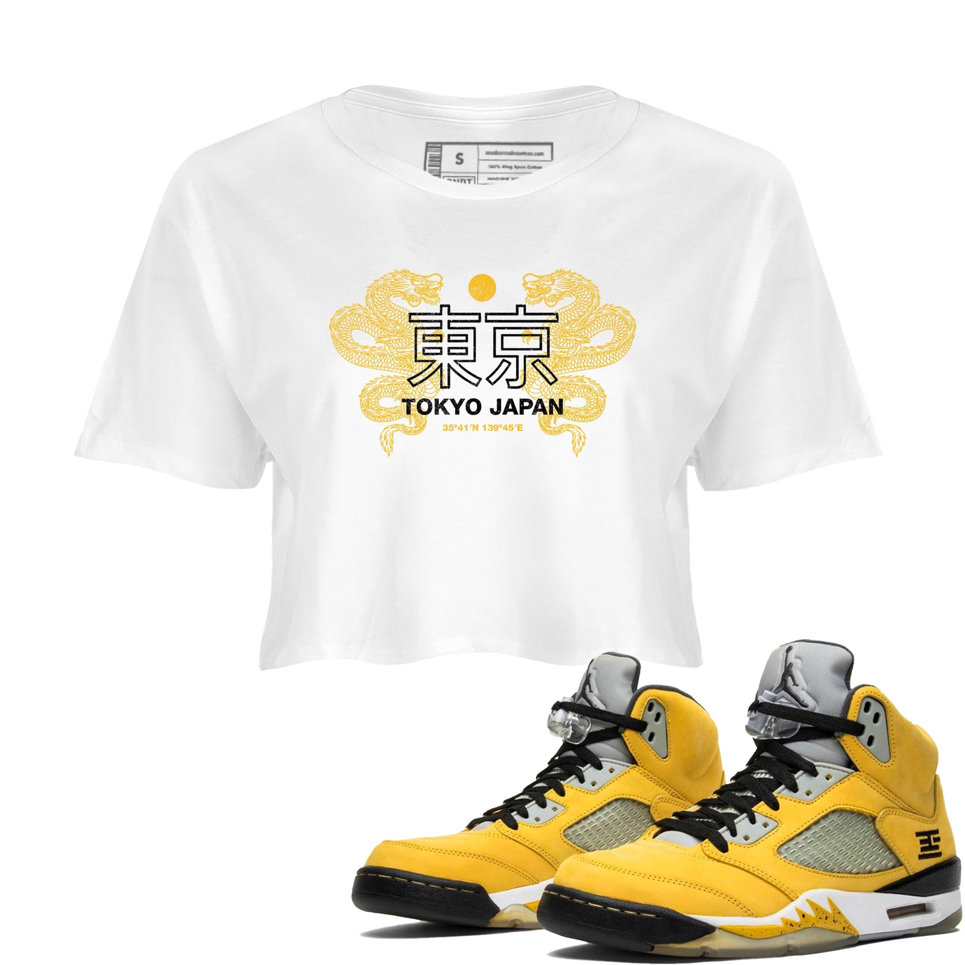 Tokyo Dragons womens crop tee made to vibe with the Air Jordan 5 Tokyo sneakers — the perfect match in White 1.