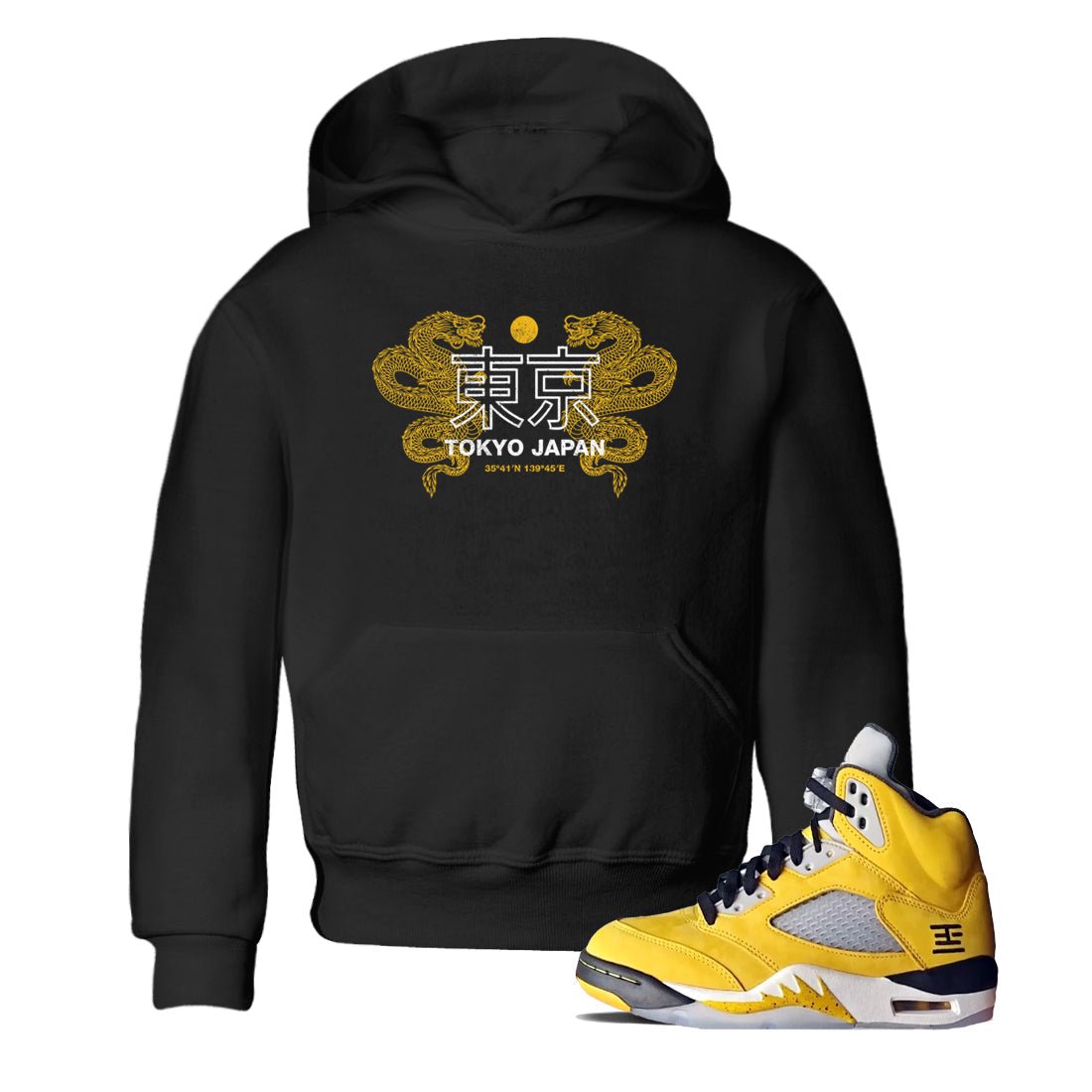 Tokyo Dragons baby and kids t-shirt crafted for little sneakerheads to shine with the Air Jordan 5 Tokyo sneakers, displayed in Black 1.