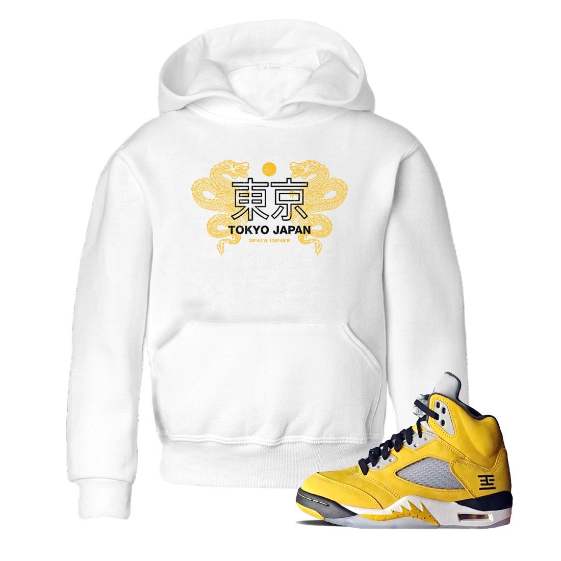 Tokyo Dragons baby and kids t-shirt crafted for little sneakerheads to shine with the Air Jordan 5 Tokyo sneakers, displayed in White 1.