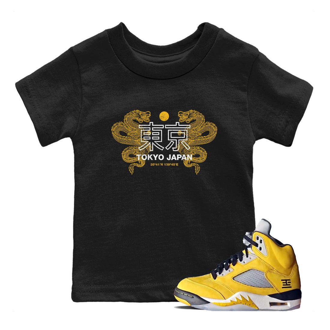 Tokyo Dragons baby and kids t-shirt crafted for little sneakerheads to shine with the Air Jordan 5 Tokyo sneakers, displayed in Black 1.