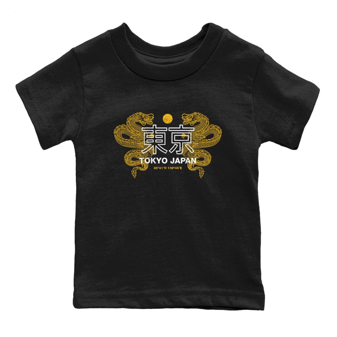 Tokyo Dragons baby and kids t-shirt crafted for little sneakerheads to shine with the Air Jordan 5 Tokyo sneakers, displayed in Black 2.