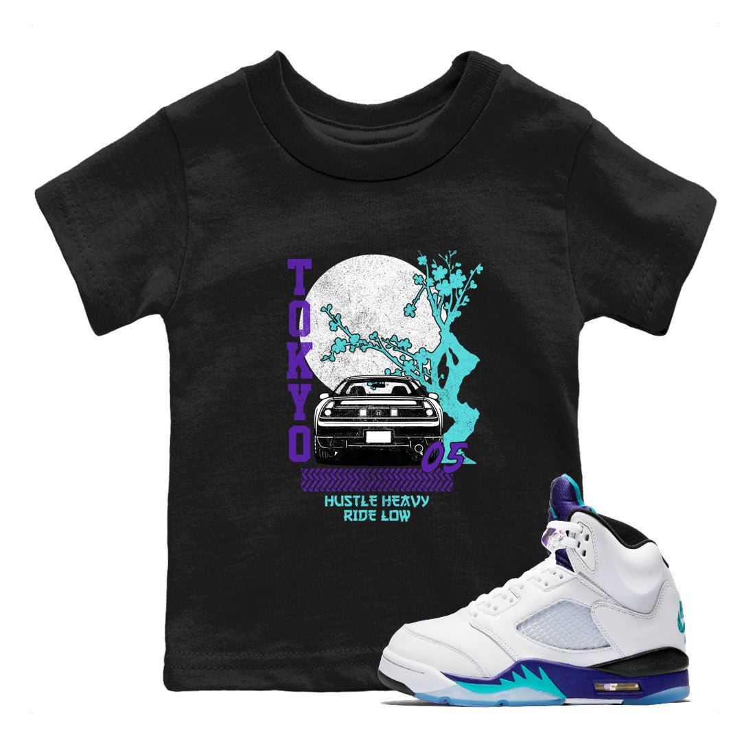Tokyo Drift baby and kids t-shirt crafted for little sneakerheads to shine with the Air Jordan 5 Grape sneakers, displayed in Black 1.