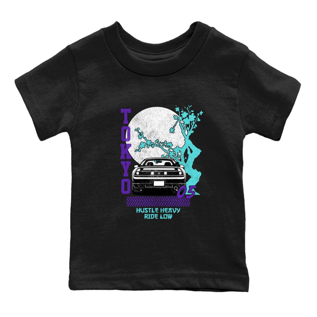 Tokyo Drift baby and kids t-shirt crafted for little sneakerheads to shine with the Air Jordan 5 Grape sneakers, displayed in Black 2.