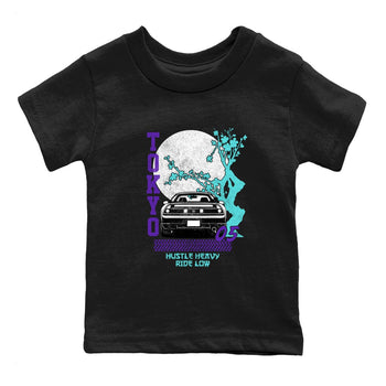 Tokyo Drift baby and kids t-shirt crafted for little sneakerheads to shine with the Air Jordan 5 Grape sneakers, displayed in Black 2.