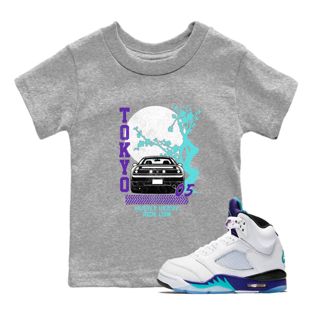 Tokyo Drift baby and kids t-shirt crafted for little sneakerheads to shine with the Air Jordan 5 Grape sneakers, displayed in Heather Grey 1.