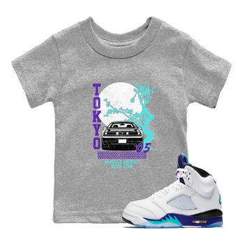 Tokyo Drift baby and kids t-shirt crafted for little sneakerheads to shine with the Air Jordan 5 Grape sneakers, displayed in Heather Grey 1.