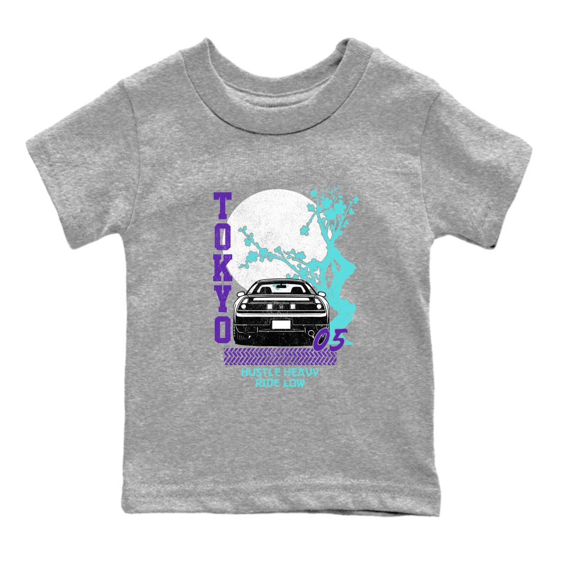 Tokyo Drift baby and kids t-shirt crafted for little sneakerheads to shine with the Air Jordan 5 Grape sneakers, displayed in Heather Grey 2.