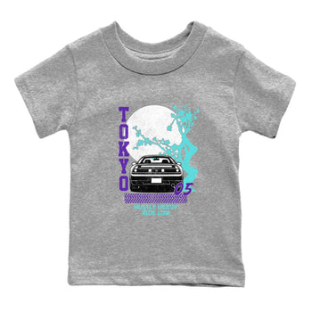 Tokyo Drift baby and kids t-shirt crafted for little sneakerheads to shine with the Air Jordan 5 Grape sneakers, displayed in Heather Grey 2.
