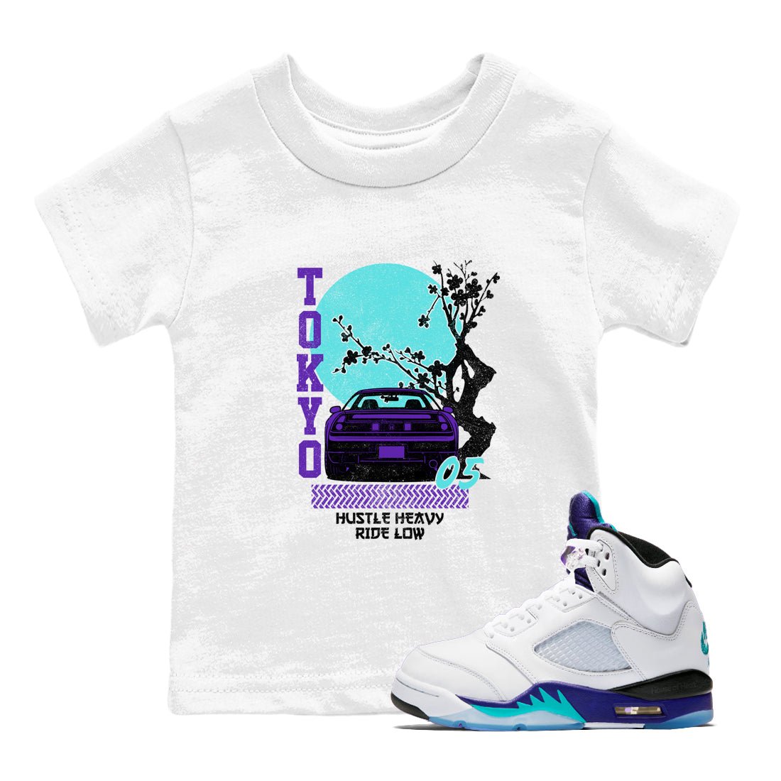 Tokyo Drift baby and kids t-shirt crafted for little sneakerheads to shine with the Air Jordan 5 Grape sneakers, displayed in White 1.