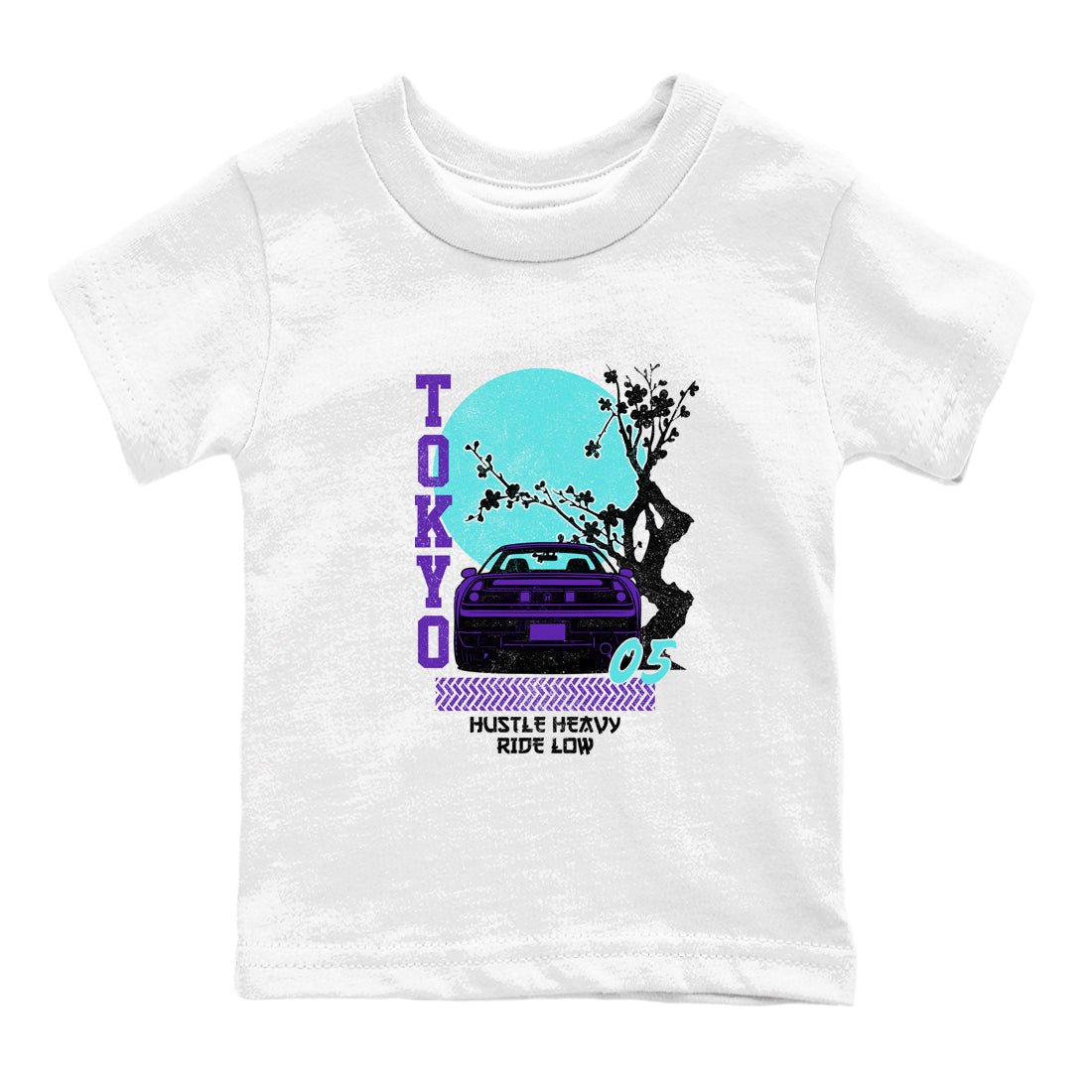 Tokyo Drift baby and kids t-shirt crafted for little sneakerheads to shine with the Air Jordan 5 Grape sneakers, displayed in White 2.