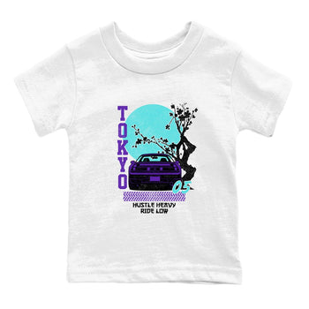 Tokyo Drift baby and kids t-shirt crafted for little sneakerheads to shine with the Air Jordan 5 Grape sneakers, displayed in White 2.