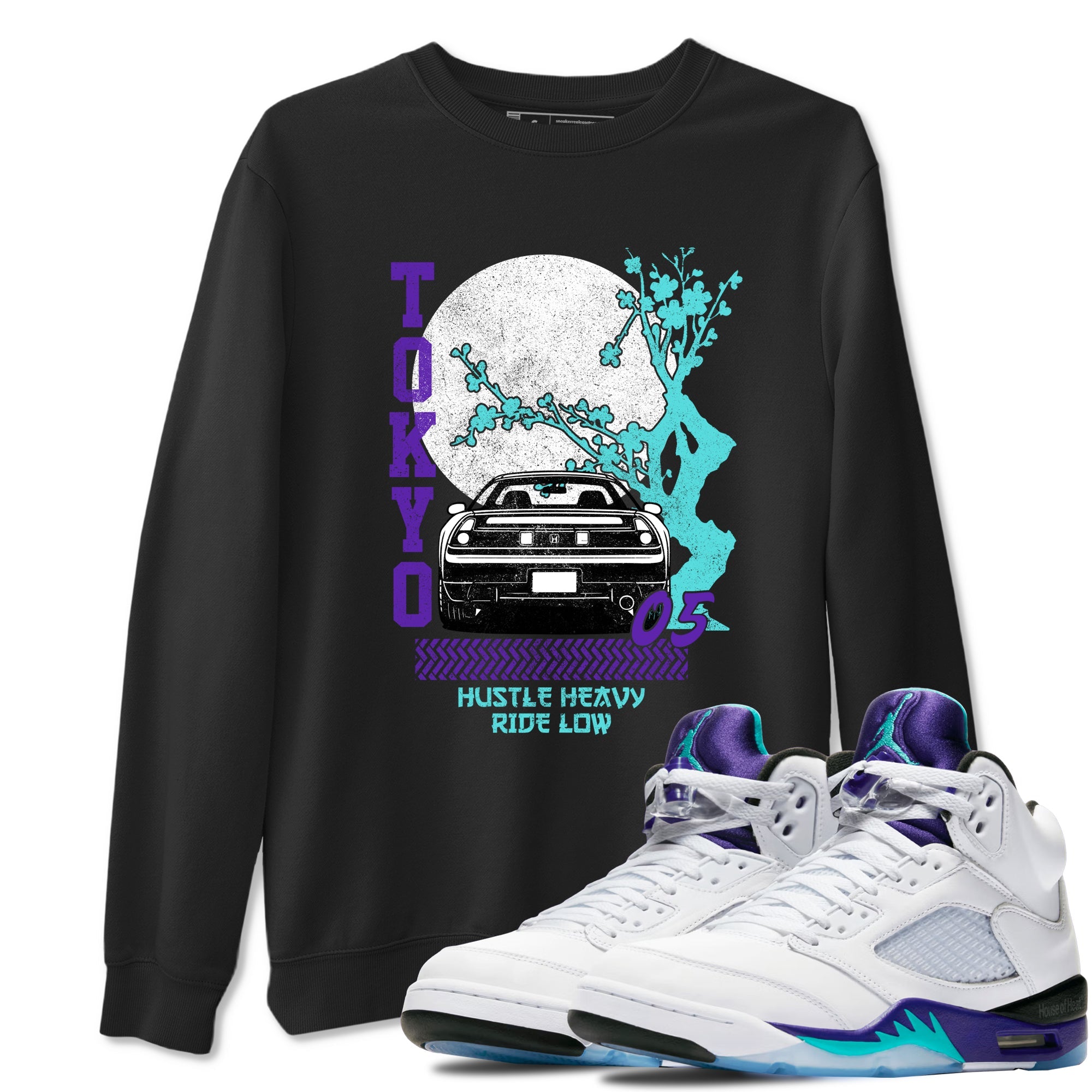 Tokyo Drift sneaker match t-shirt styled to complete your fit with the Air Jordan 5 Grape sneakers, shown in Black 1.