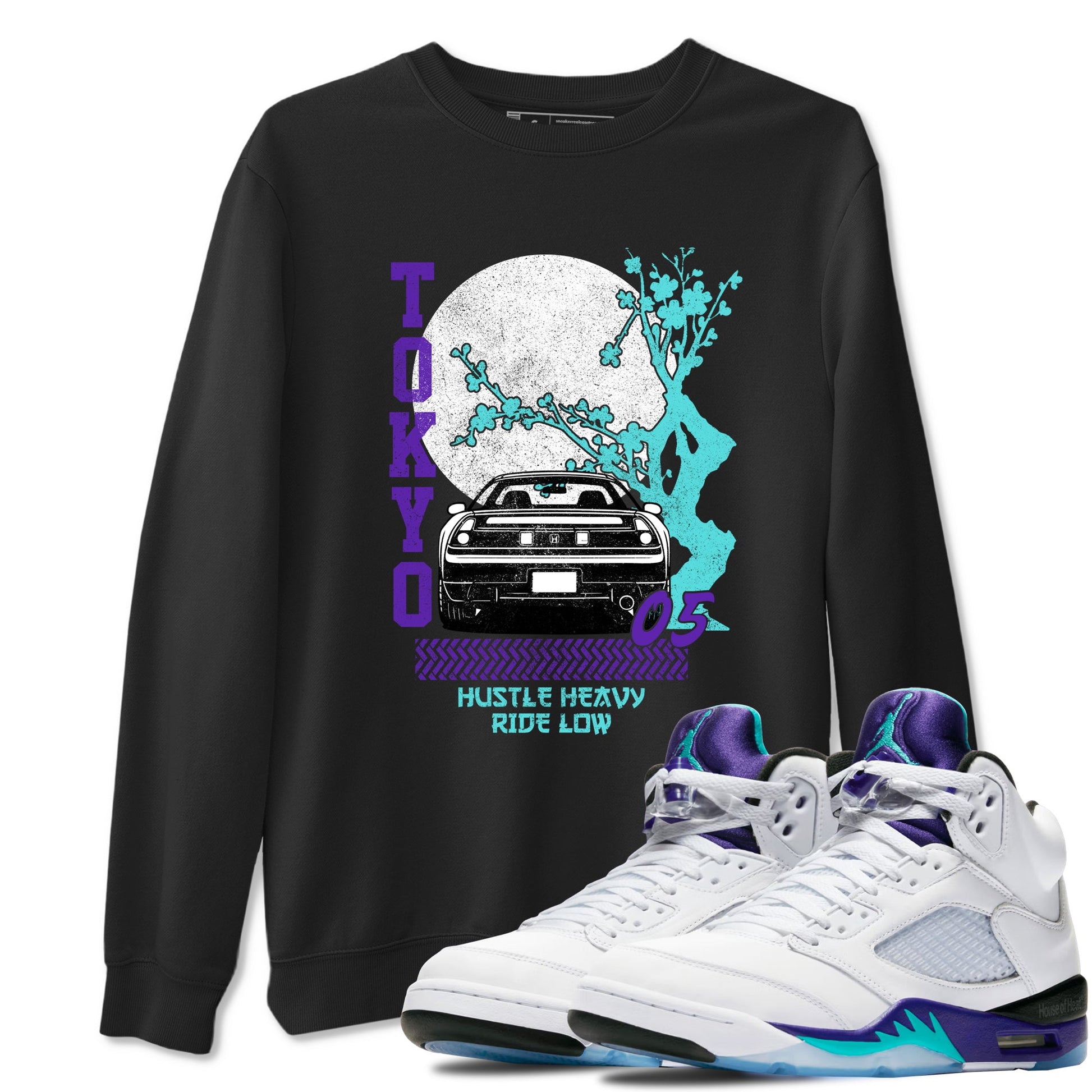 Tokyo Drift sneaker match t-shirt styled to complete your fit with the Air Jordan 5 Grape sneakers, shown in Black 1.