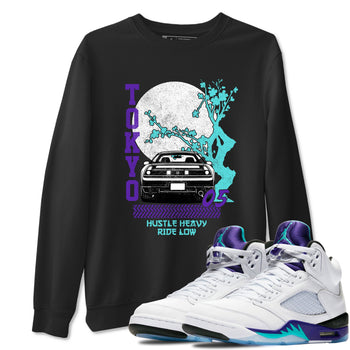 Tokyo Drift sneaker match t-shirt styled to complete your fit with the Air Jordan 5 Grape sneakers, shown in Black 1.