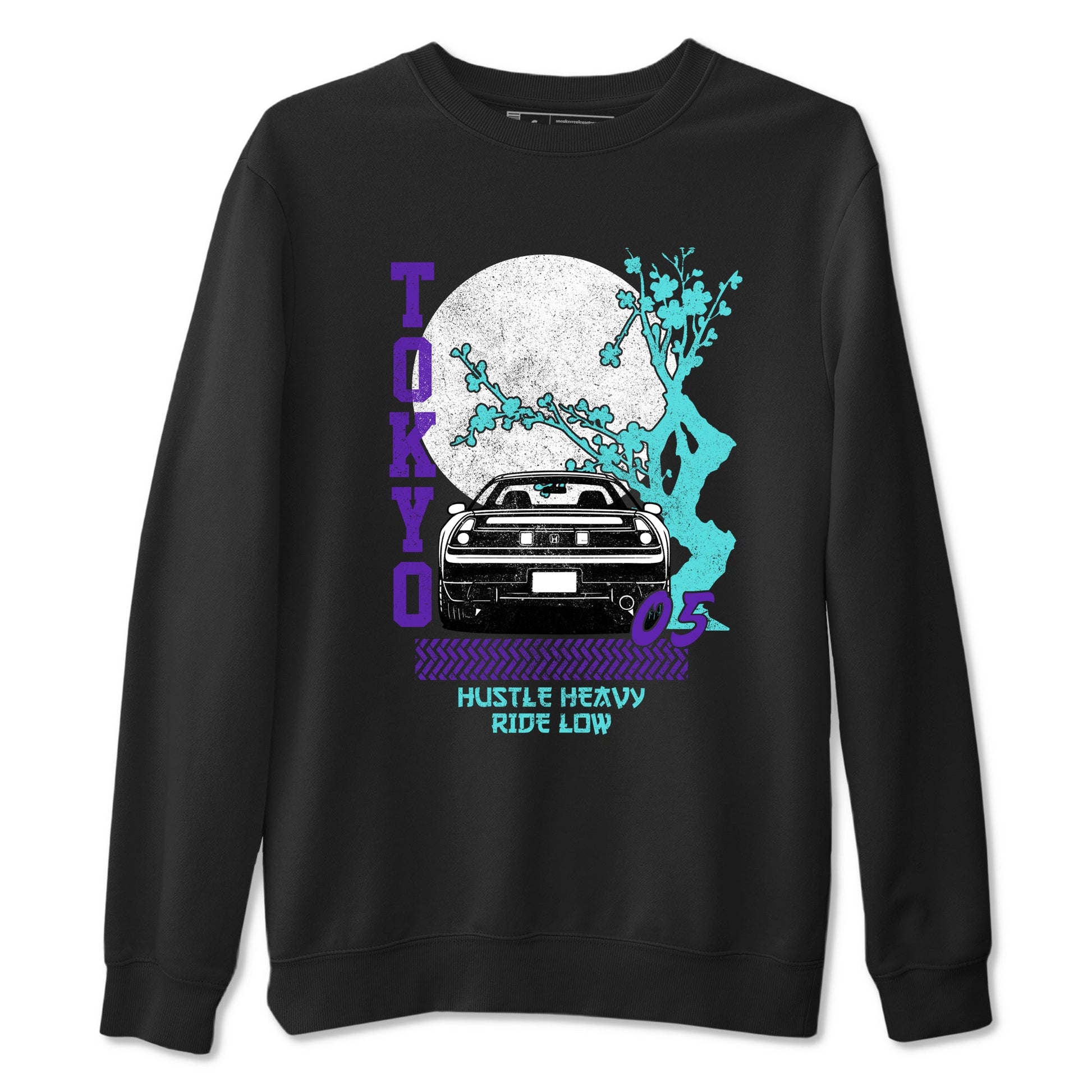 Tokyo Drift sneaker match t-shirt styled to complete your fit with the Air Jordan 5 Grape sneakers, shown in Black 2.