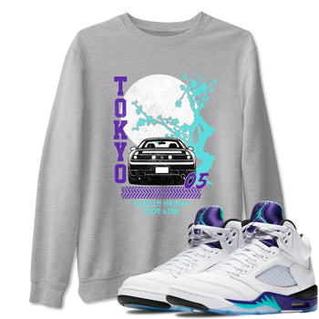 Tokyo Drift sneaker match t-shirt styled to complete your fit with the Air Jordan 5 Grape sneakers, shown in Heather Grey 1.