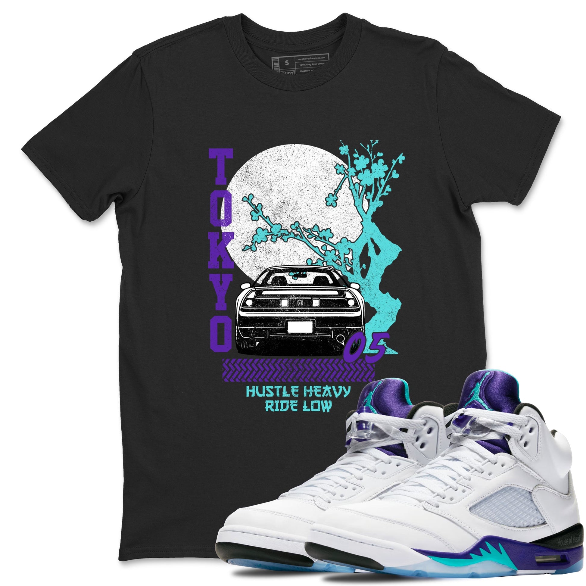 Tokyo Drift sneaker match t-shirt styled to complete your fit with the Air Jordan 5 Grape sneakers, shown in Black 1.