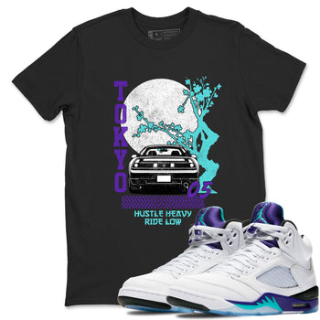 Tokyo Drift sneaker match t-shirt styled to complete your fit with the Air Jordan 5 Grape sneakers, shown in Black 1.