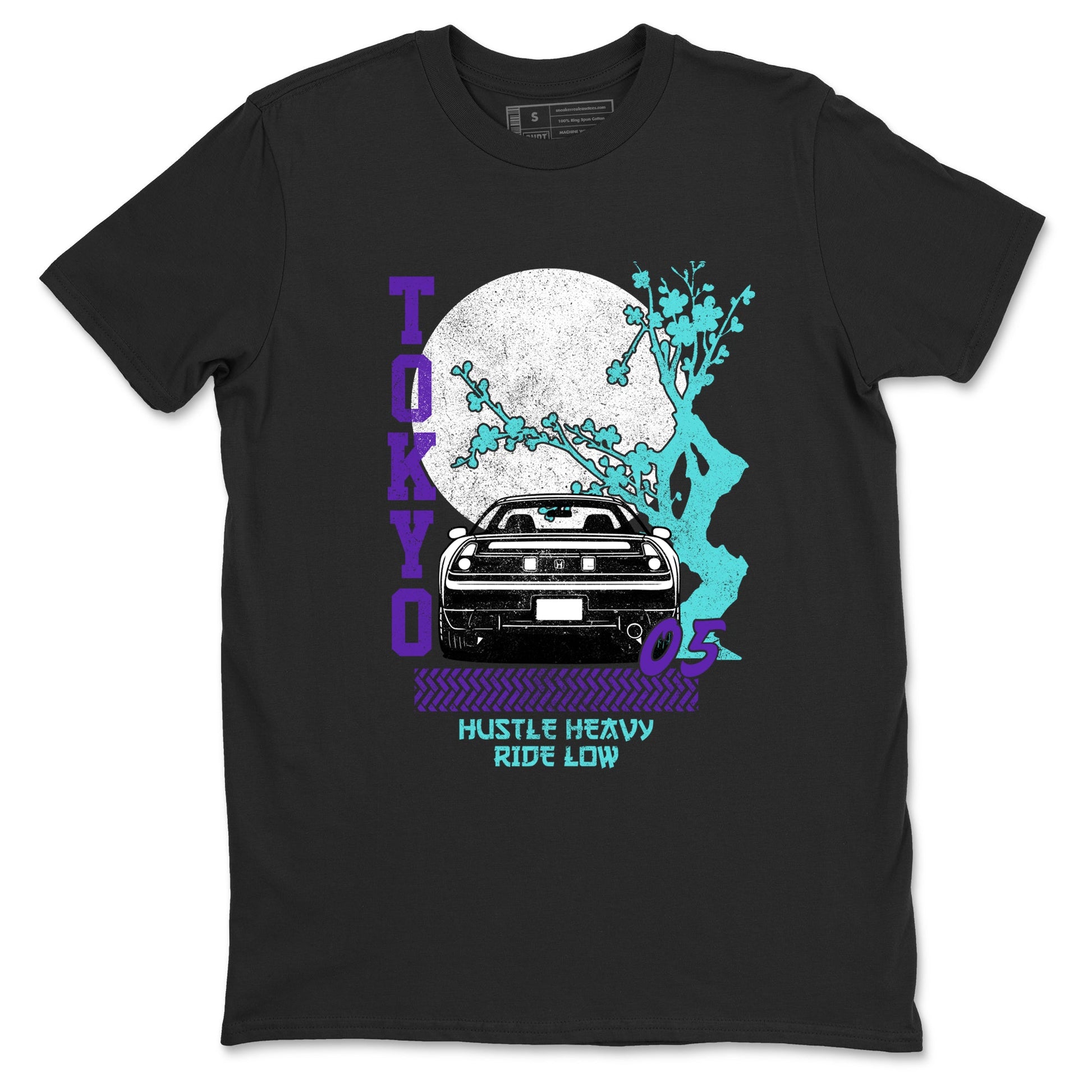 Tokyo Drift sneaker match t-shirt styled to complete your fit with the Air Jordan 5 Grape sneakers, shown in Black 2.