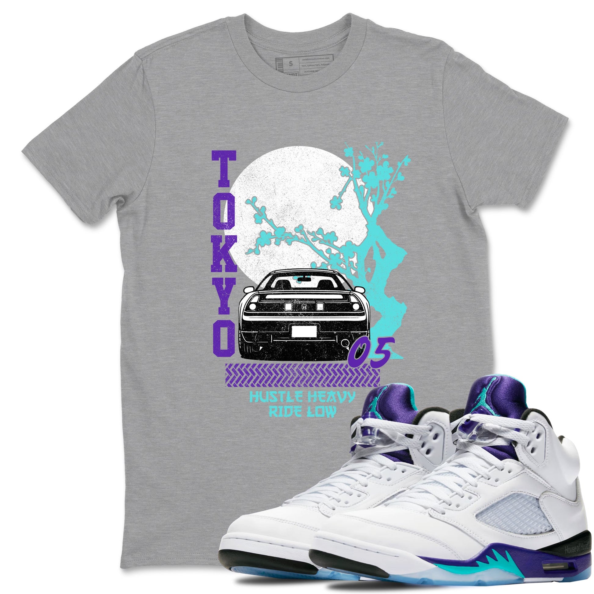 Tokyo Drift sneaker match t-shirt styled to complete your fit with the Air Jordan 5 Grape sneakers, shown in Heather Grey 1.