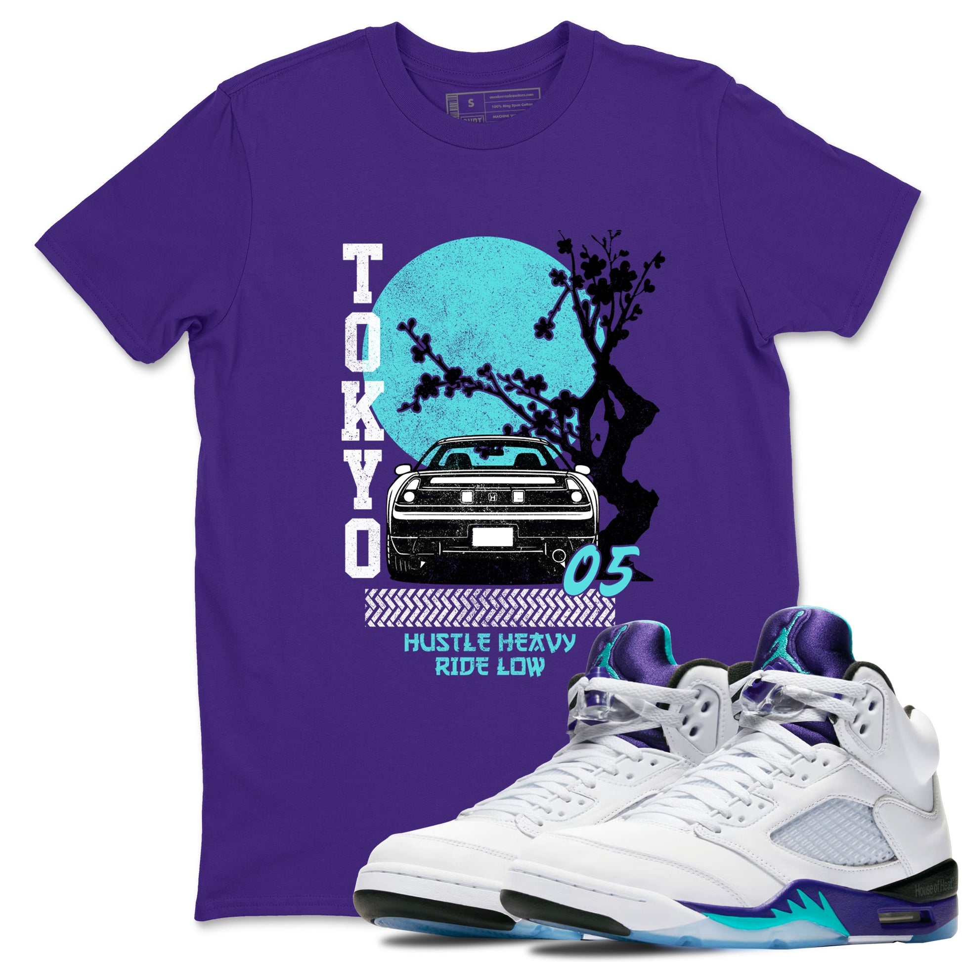 Tokyo Drift sneaker match t-shirt styled to complete your fit with the Air Jordan 5 Grape sneakers, shown in Purple 1.