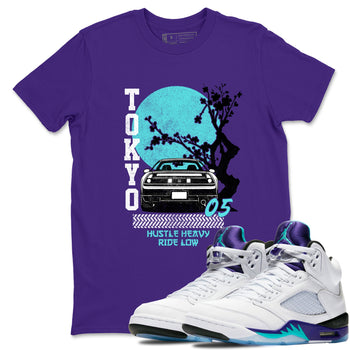 Tokyo Drift sneaker match t-shirt styled to complete your fit with the Air Jordan 5 Grape sneakers, shown in Purple 1.