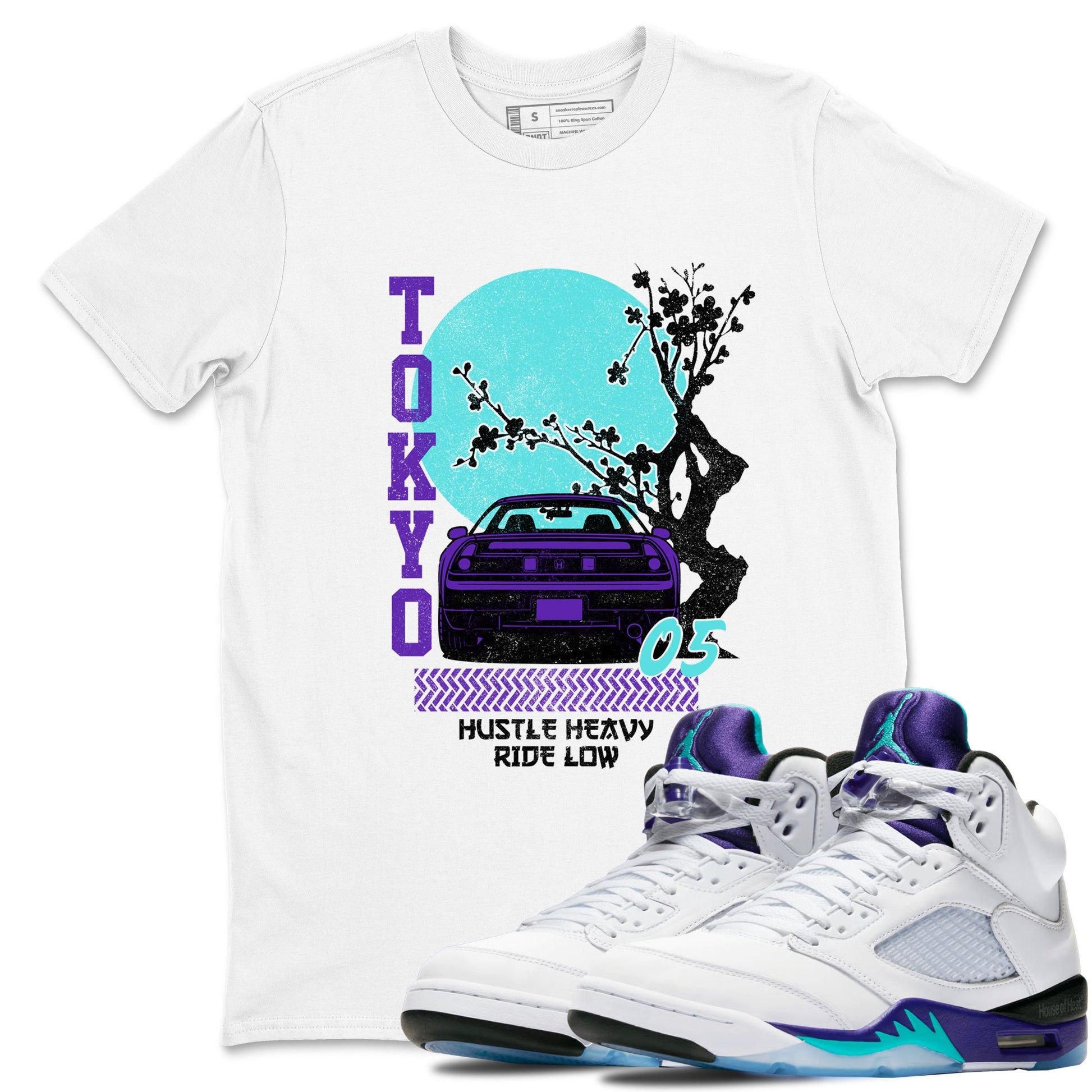 Tokyo Drift sneaker match t-shirt styled to complete your fit with the Air Jordan 5 Grape sneakers, shown in White 1.