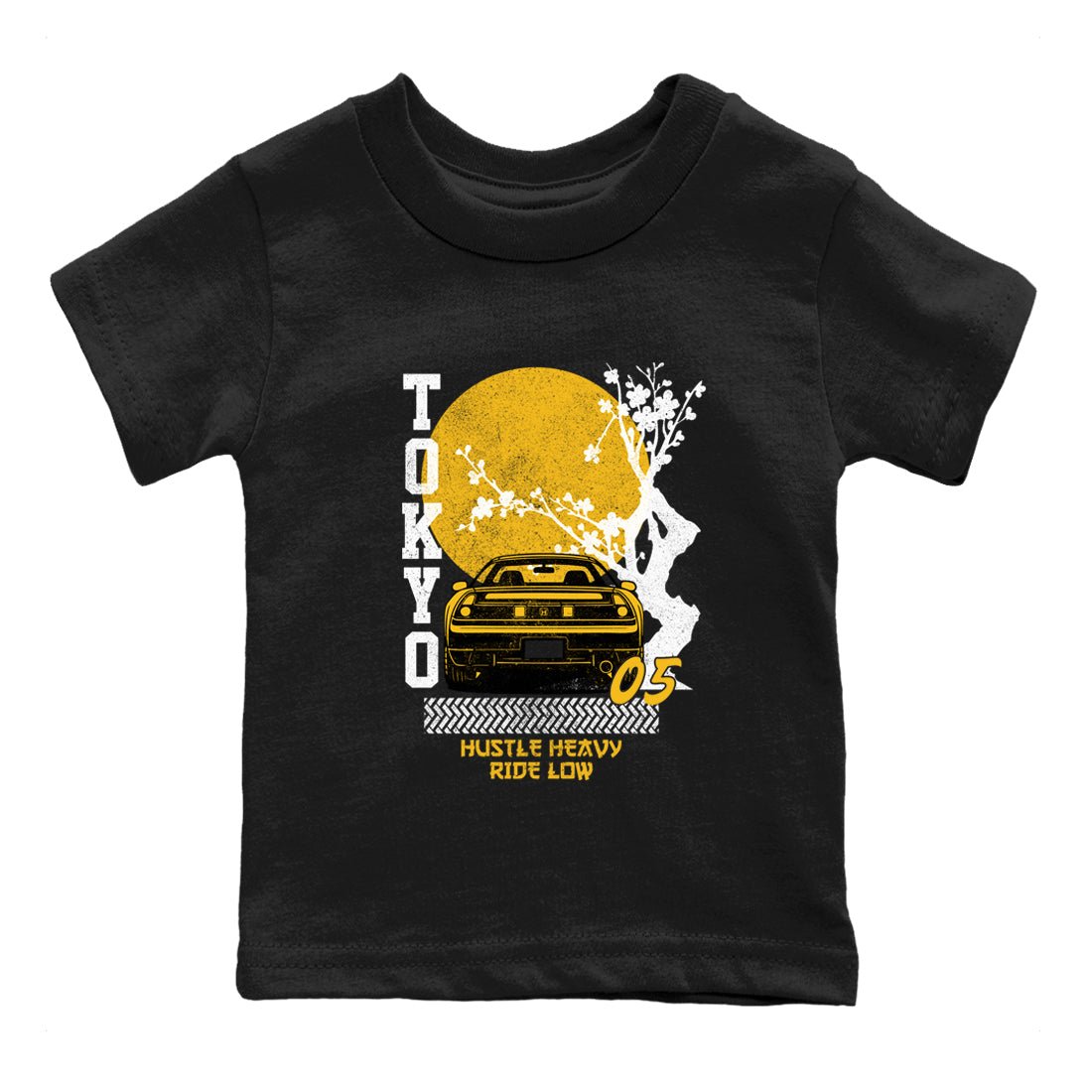 Tokyo Drift baby and kids t-shirt crafted for little sneakerheads to shine with the Air Jordan 5 Tokyo sneakers, displayed in Black 2.
