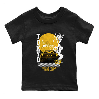 Tokyo Drift baby and kids t-shirt crafted for little sneakerheads to shine with the Air Jordan 5 Tokyo sneakers, displayed in Black 2.
