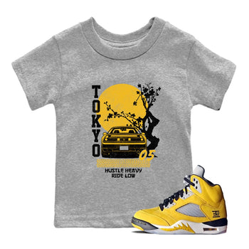 Tokyo Drift baby and kids t-shirt crafted for little sneakerheads to shine with the Air Jordan 5 Tokyo sneakers, displayed in Heather Grey 1.