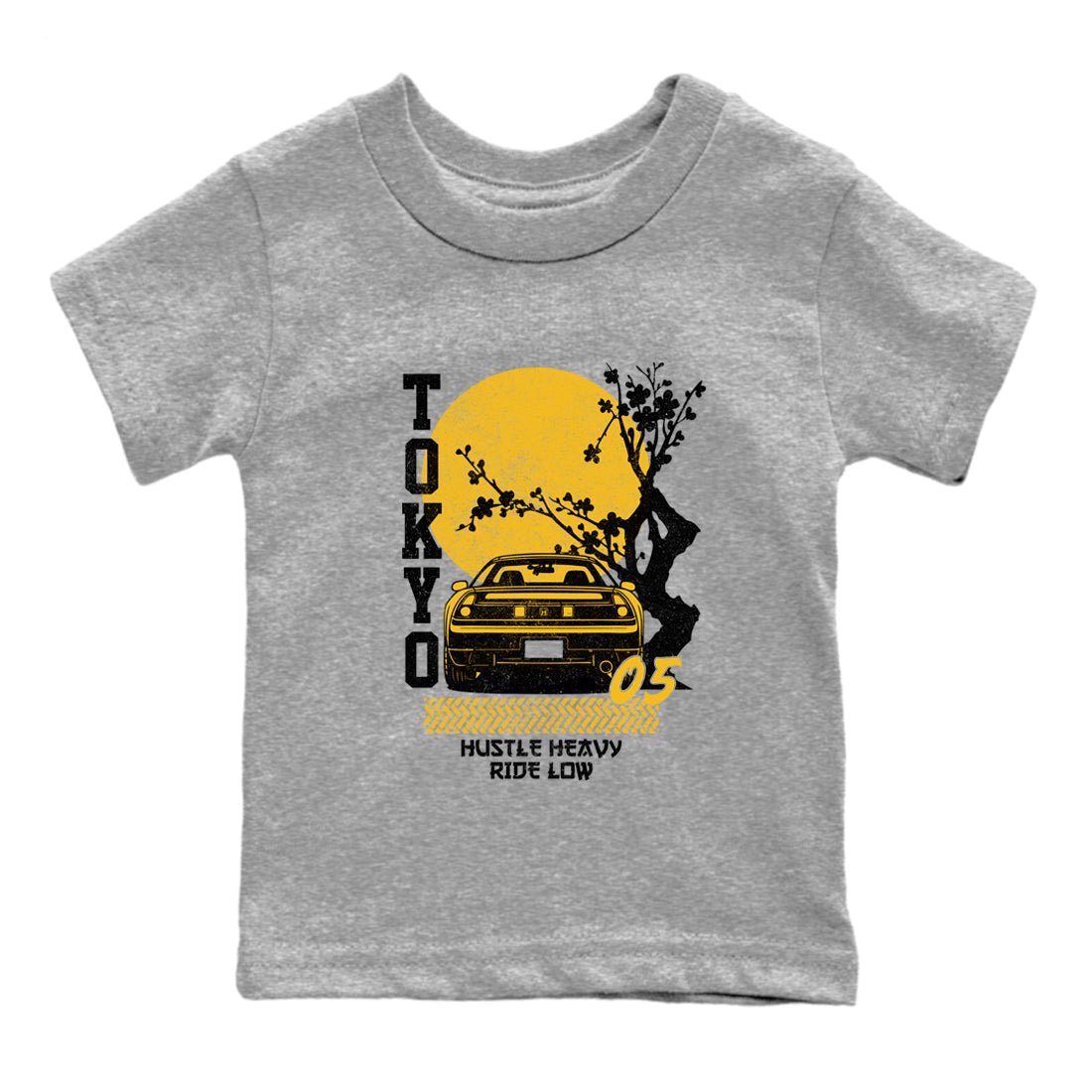 Tokyo Drift baby and kids t-shirt crafted for little sneakerheads to shine with the Air Jordan 5 Tokyo sneakers, displayed in Heather Grey 2.