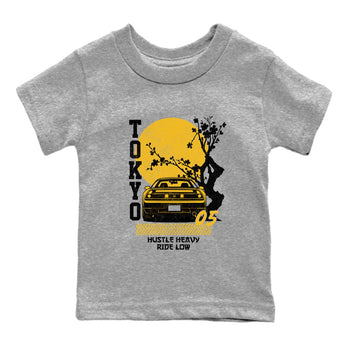 Tokyo Drift baby and kids t-shirt crafted for little sneakerheads to shine with the Air Jordan 5 Tokyo sneakers, displayed in Heather Grey 2.