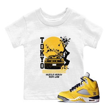 Tokyo Drift baby and kids t-shirt crafted for little sneakerheads to shine with the Air Jordan 5 Tokyo sneakers, displayed in White 1.