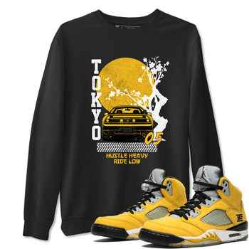 Tokyo Drift sneaker match t-shirt styled to complete your fit with the Air Jordan 5 Tokyo sneakers, shown in Black 1.