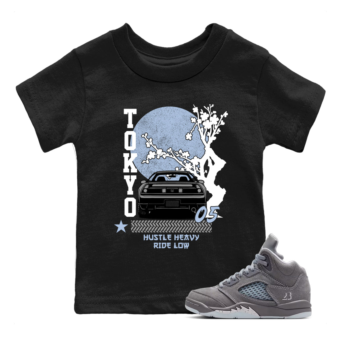 Sneakerfit for Sneakerheads – Sneaker Tees To Match Air Jordan 5 Wolf Grey Sneakers – Tokyo Drift Kids T-Shirt Black 1