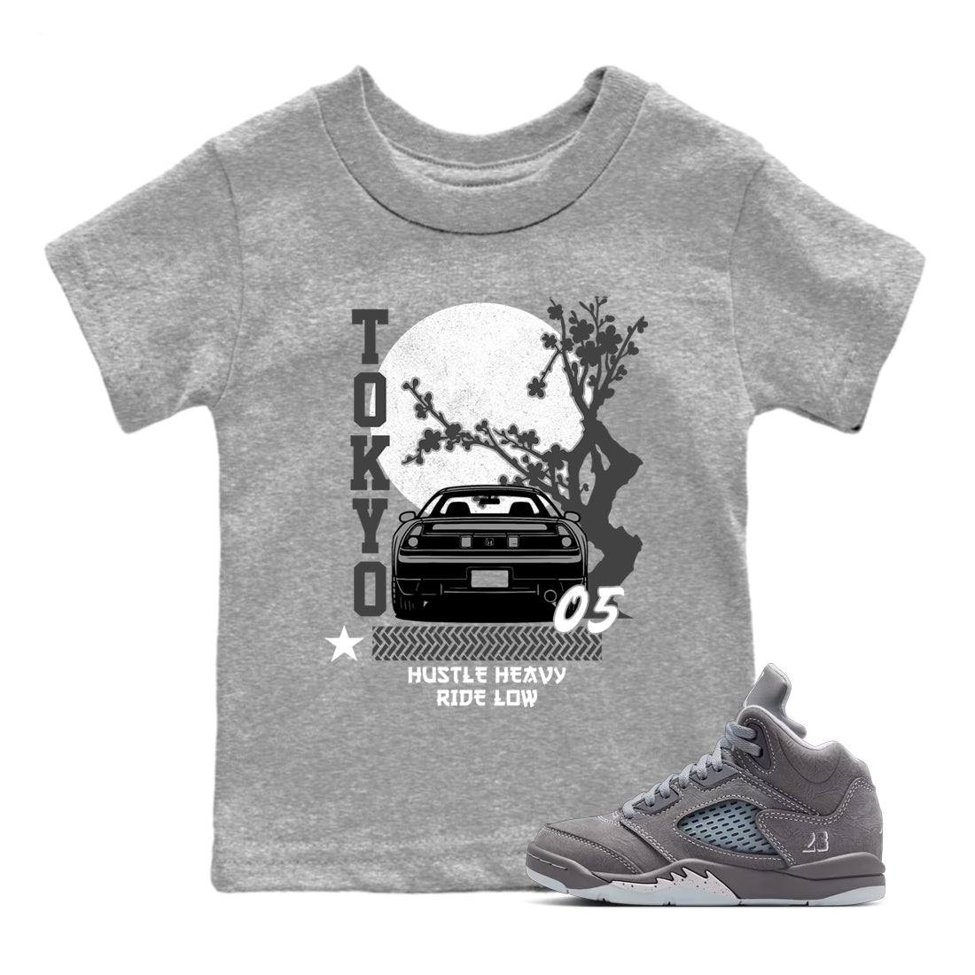 Sneakerfit for Sneakerheads – Sneaker Tees To Match Air Jordan 5 Wolf Grey Sneakers – Tokyo Drift Kids T-Shirt Heather Grey 1