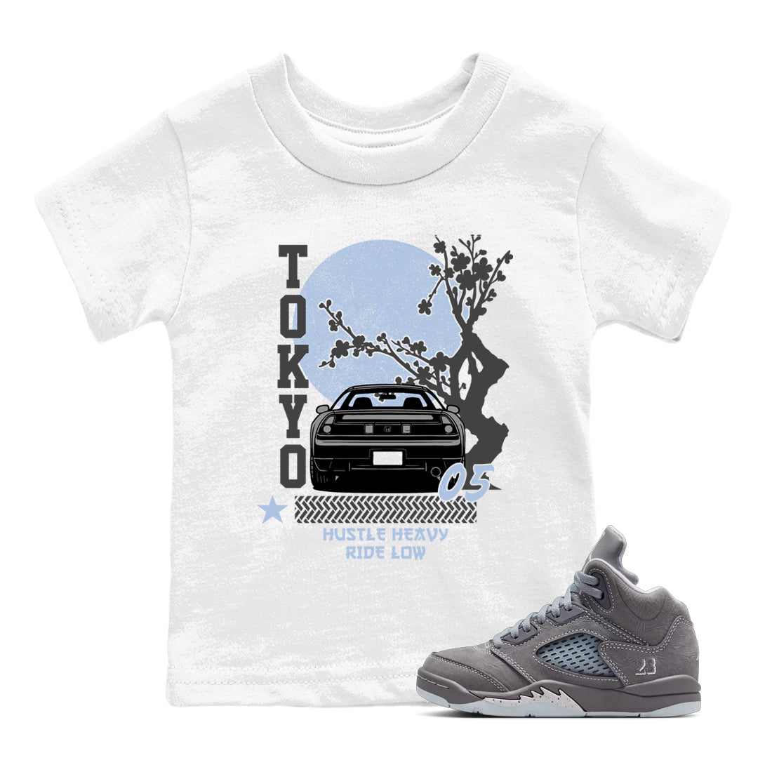Sneakerfit for Sneakerheads – Sneaker Tees To Match Air Jordan 5 Wolf Grey Sneakers – Tokyo Drift Kids T-Shirt White 1