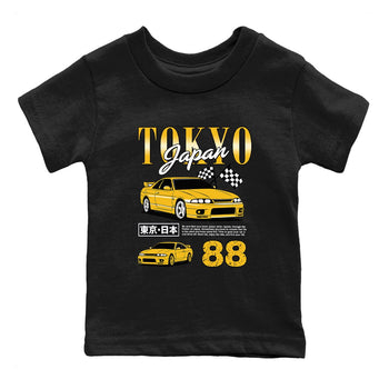 Tokyo Drift Mode baby and kids t-shirt crafted for little sneakerheads to with the Air Jordan 5 Tokyo sneakers, displayed in Black 2.
