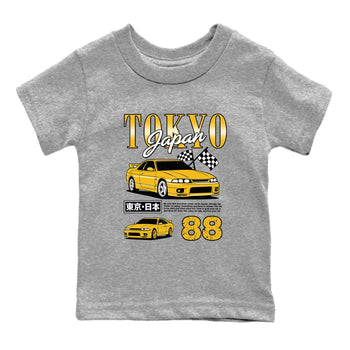 Tokyo Drift Mode baby and kids t-shirt crafted for little sneakerheads to with the Air Jordan 5 Tokyo sneakers, displayed in Heather Grey 2.