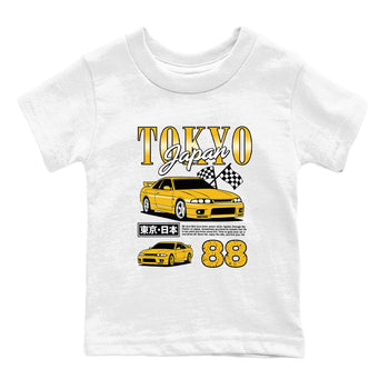 Tokyo Drift Mode baby and kids t-shirt crafted for little sneakerheads to with the Air Jordan 5 Tokyo sneakers, displayed in White 2.