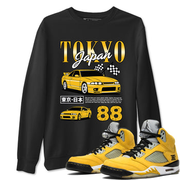 Tokyo Drift Mode sneaker match tees styled to complete your fit with the 5s Tokyo sneakers, shown in Black 1.