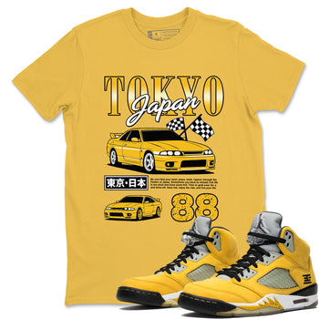Tokyo Drift Mode sneaker match tees styled to complete your fit with the 5s Tokyo sneakers, shown in Daisy 1.