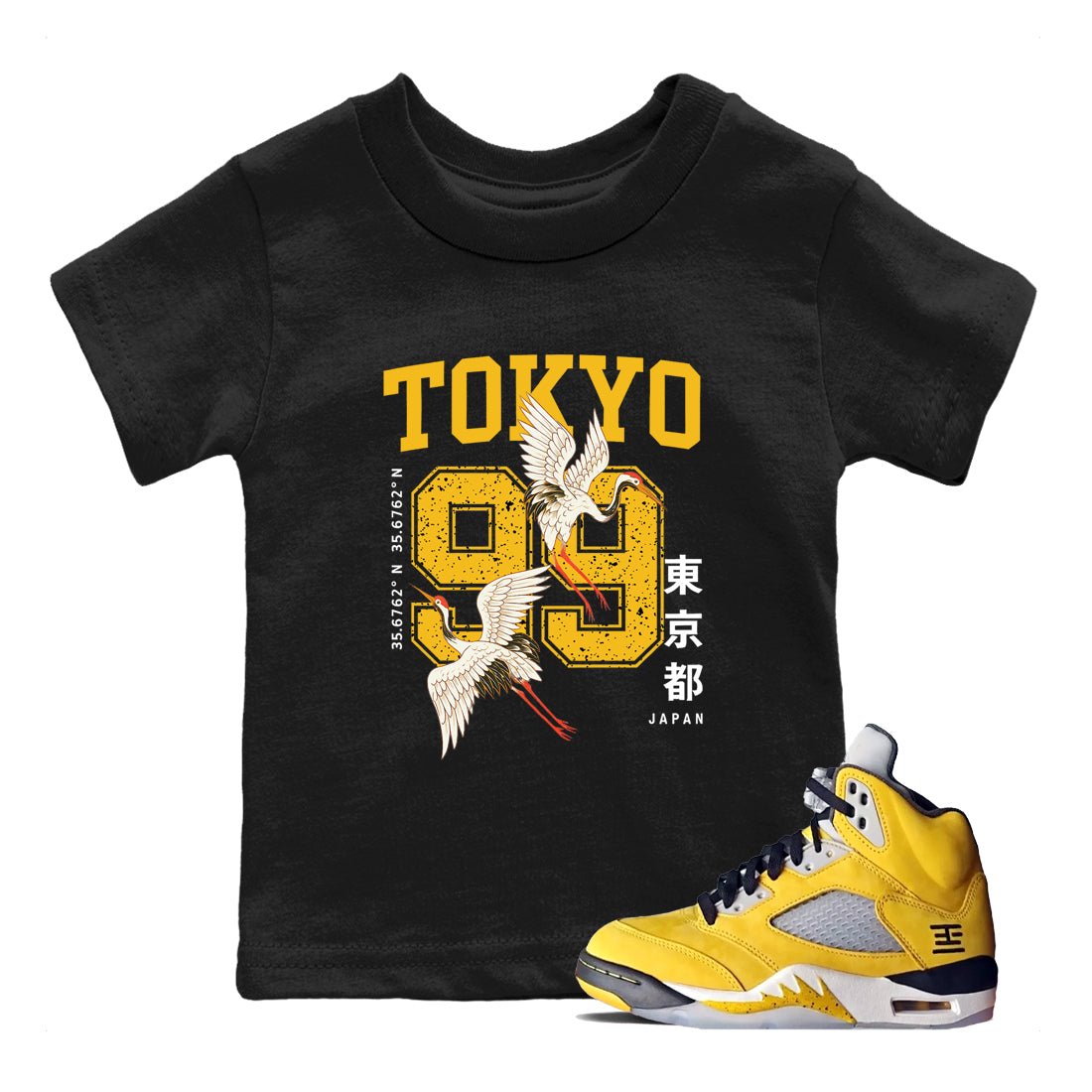 Tokyo Spirit 99 baby and kids t-shirt crafted for little sneakerheads to with the 5s Tokyo sneakers, displayed in Black 1.