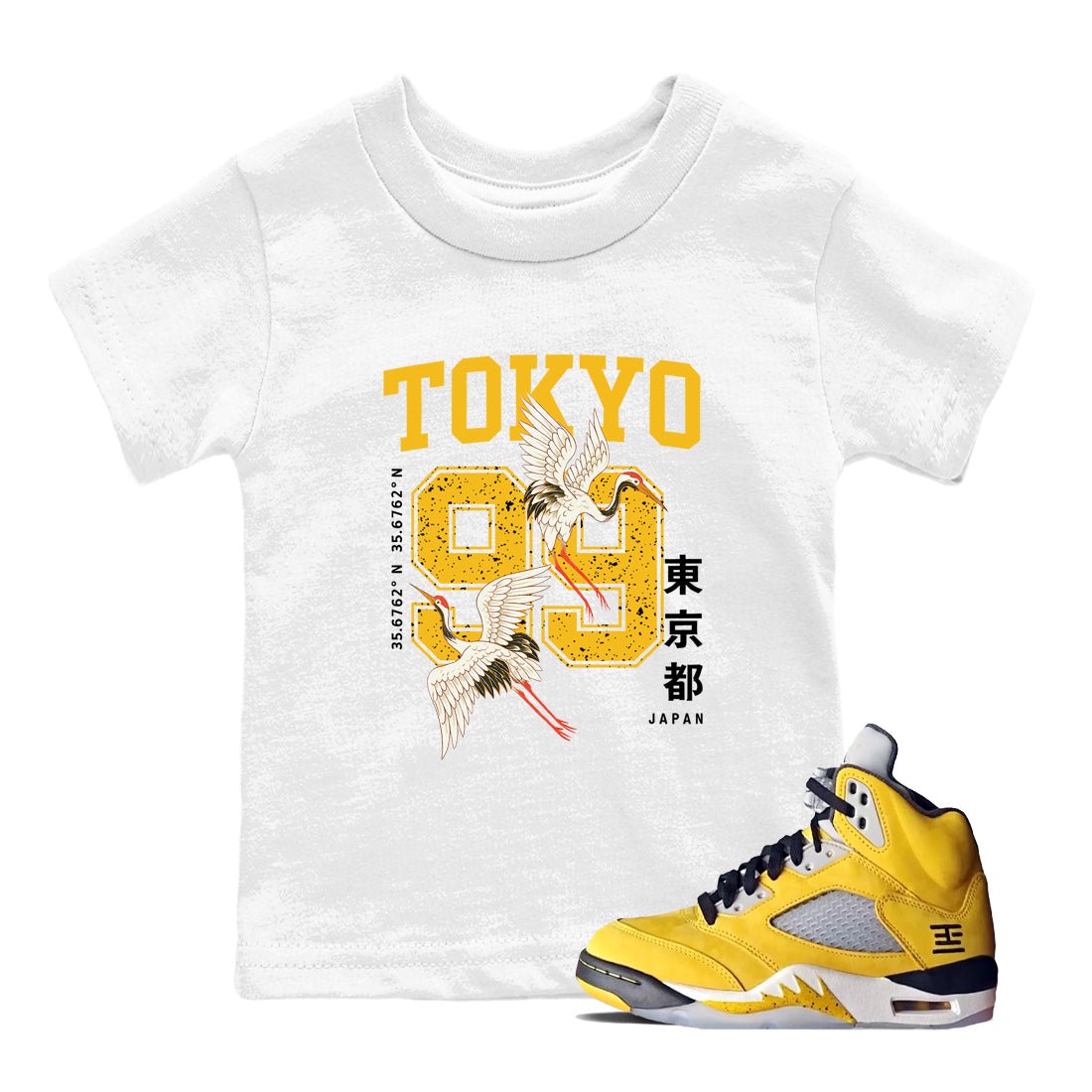 Tokyo Spirit 99 baby and kids t-shirt crafted for little sneakerheads to with the 5s Tokyo sneakers, displayed in White 1.