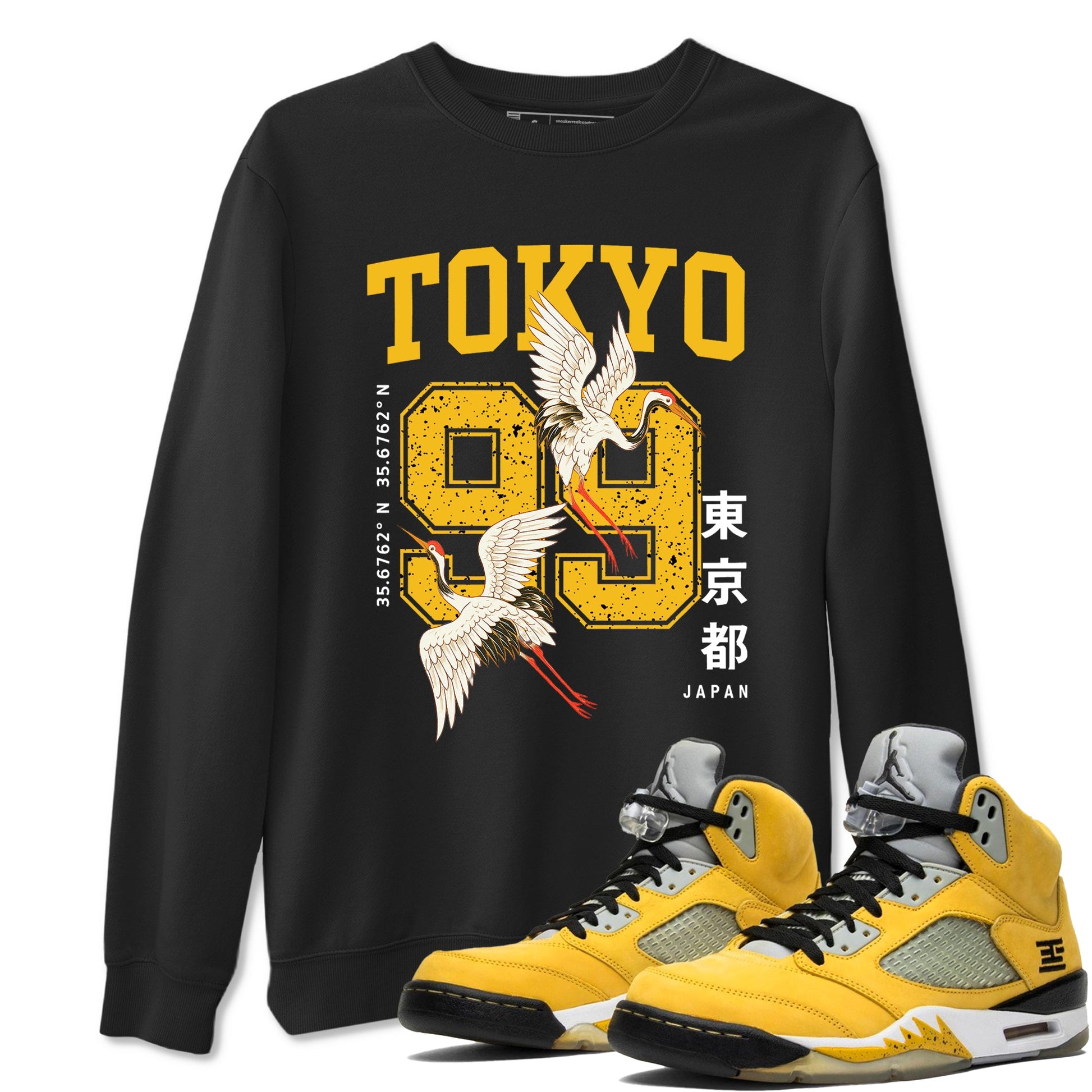 Tokyo Spirit 99 sneaker match tees styled to complete your fit with the 5s Tokyo sneakers, shown in Black 1.